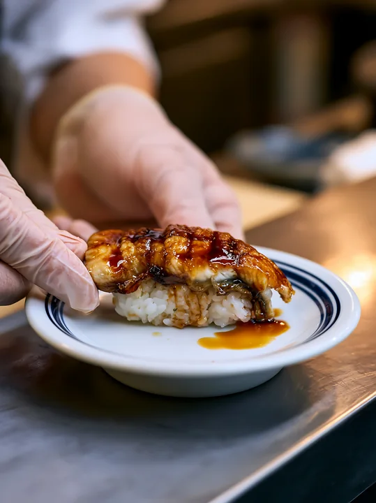 A chef serves a single eel nigiri with sauce on a small plate.