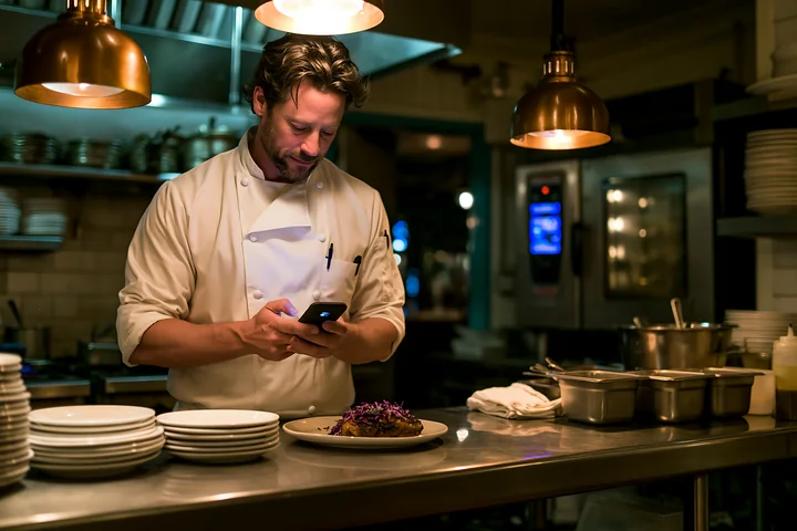 A chef uses a smartphone to manage tasks while standing in a busy restaurant kitchen.