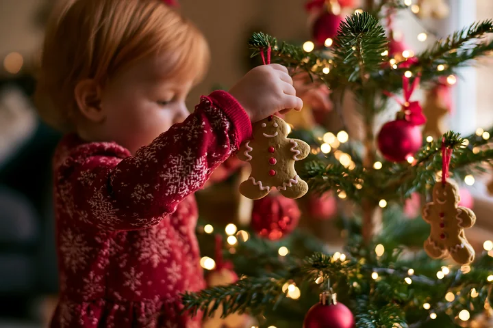A child hangs gingerbread ornaments on a Christmas tree in a cozy living room.