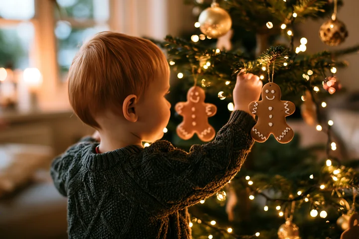 A child hangs gingerbread ornaments on a Christmas tree in a cozy living room with warm lighting.