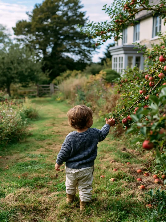 A child reaches for apples on a tree beside a country house.