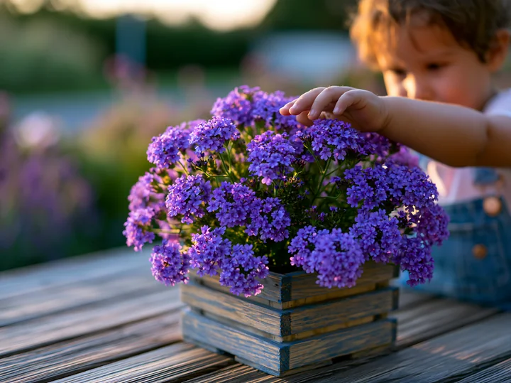 A child reaches out to touch vibrant verbena flowers in a wooden container placed on a table.