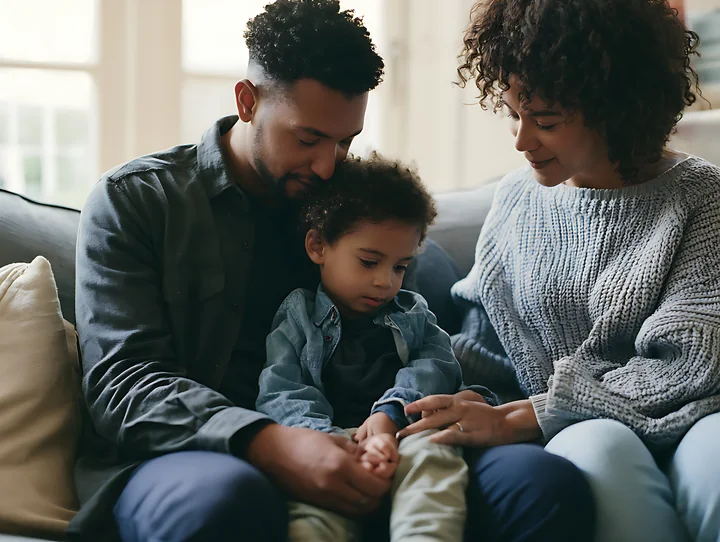 A child sits between parents on a sofa in a cozy living room.
