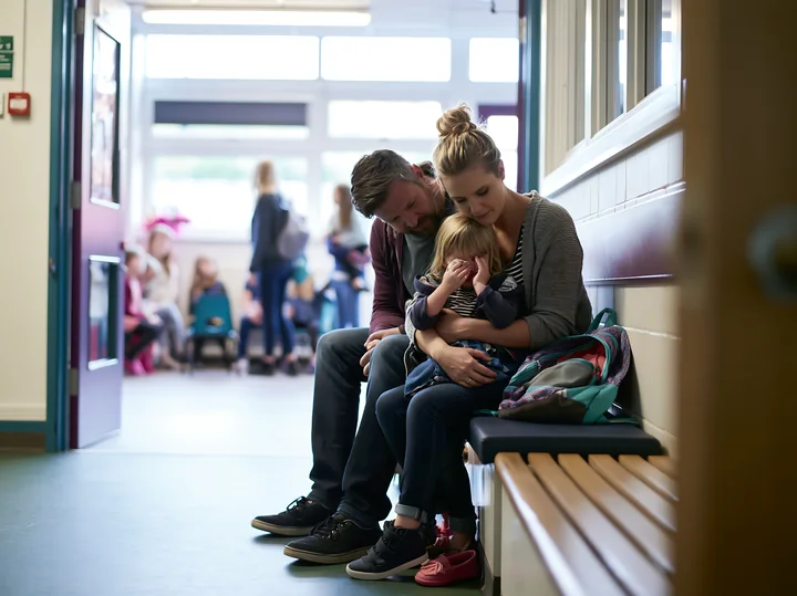 A child sits on a bench in a school hallway while being comforted by parents during the first school day.