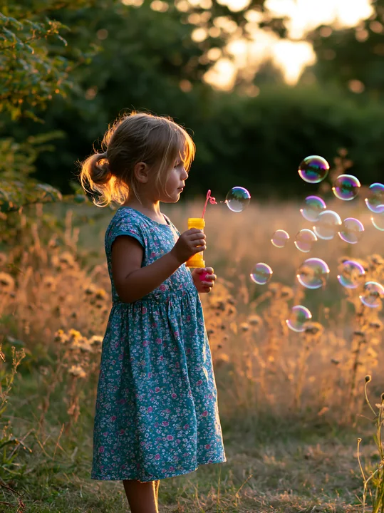 A child stands in a meadow surrounded by hedgerows, blowing bubbles with a yellow wand as the sun sets.
