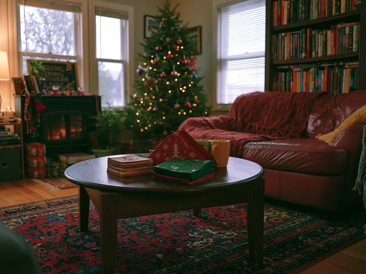 A Christmas living room features a coffee table with colorful coasters and a warm drink.