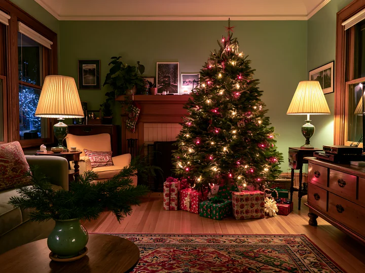 A Christmas living room features a decorated tree with lights, surrounded by wrapped gifts.