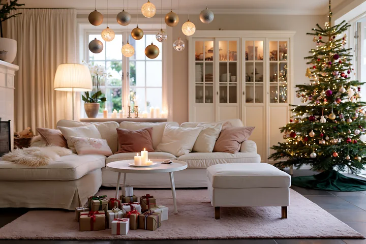 A Christmas living room features a decorated tree, wrapped gifts, and hanging ornaments.