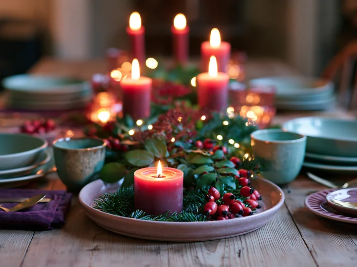 A Christmas table centerpiece features lit candles, greenery, and decorative elements.