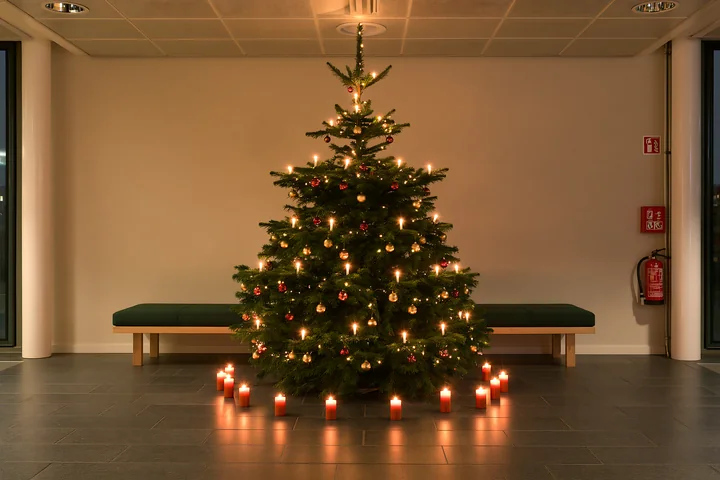 A Christmas tree with candles nearby stands in a bright indoor space.
