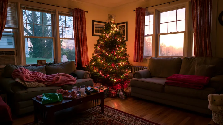 A Christmas tree with lights stands in the corner of the living room, surrounded by cozy couches and gifts.