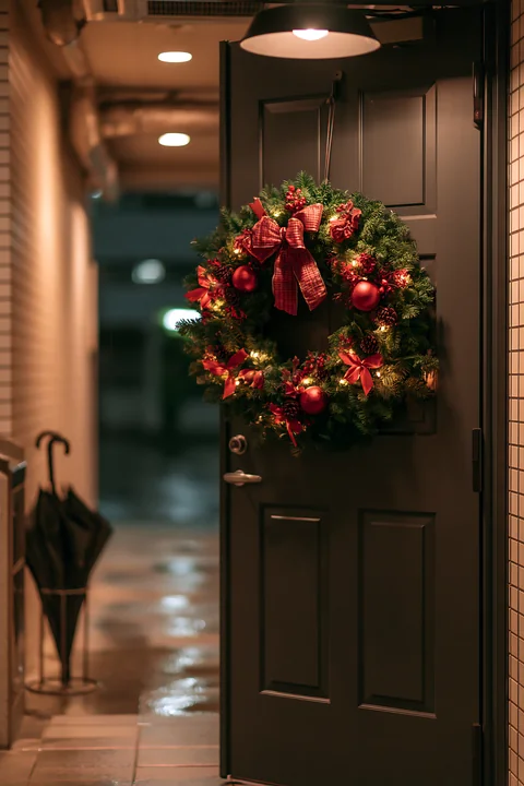 A Christmas wreath is hanging on a dark apartment door.