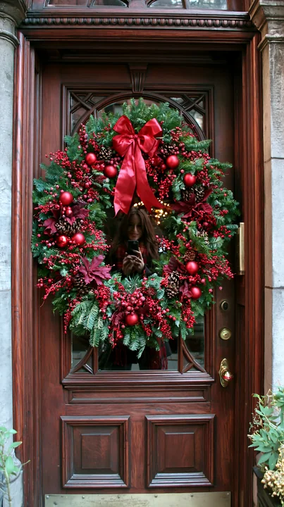 A Christmas wreath with red ornaments and greenery is displayed on an apartment door.