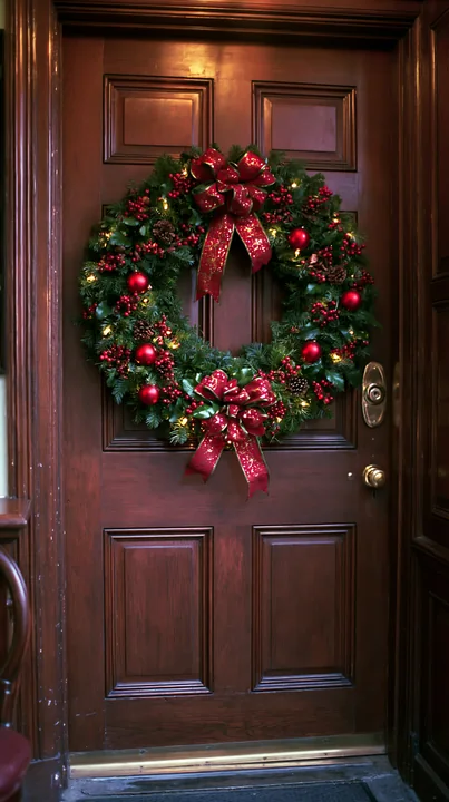 A circular Christmas wreath with red ornaments and ribbons hangs on a wooden apartment door.