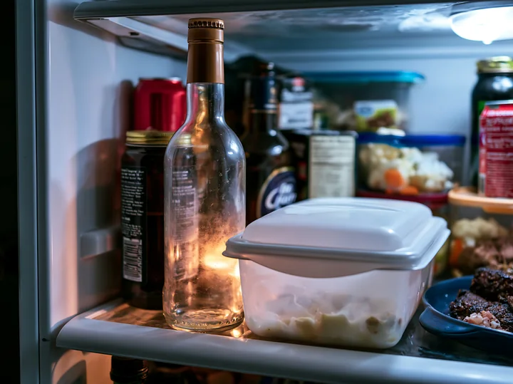 A clear bottle stands on a shelf in a refrigerator surrounded by containers and food.