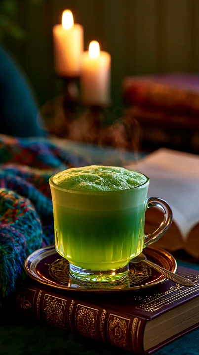 A clear cup holds a green beverage with foam.