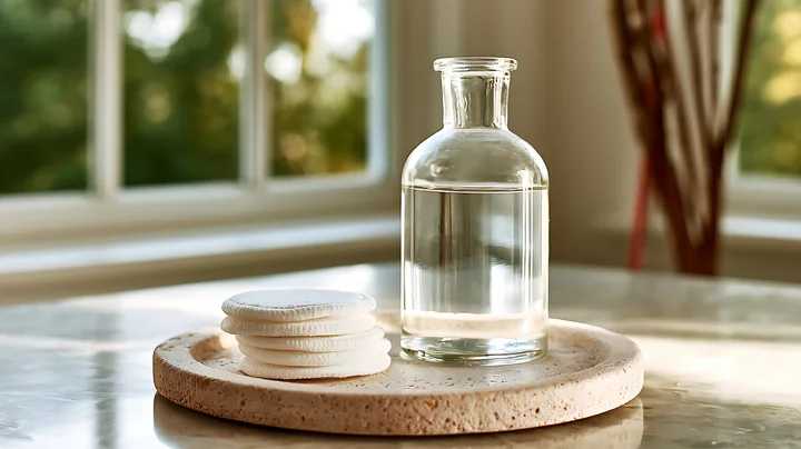 A clear glass bottle holds water next to cotton pads on a round tray.