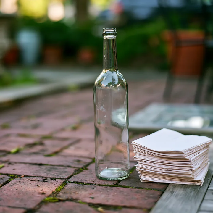 A clear glass bottle stands next to a clean stack of napkins on a patio made of bricks, indicating a gathering in the backyard.
