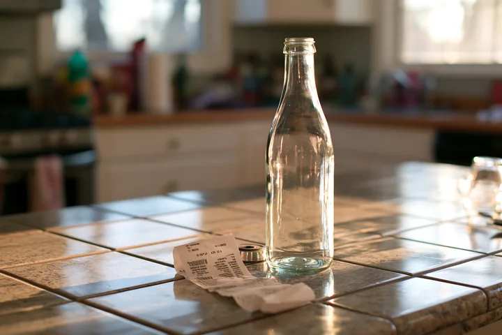 A clear glass bottle stands next to a crumpled receipt on a kitchen counter illuminated by warm sunlight.