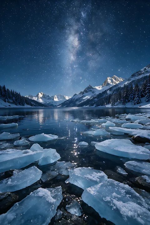 A clear starry night presents a view of a Swiss mountain lake with floating ice fragments.