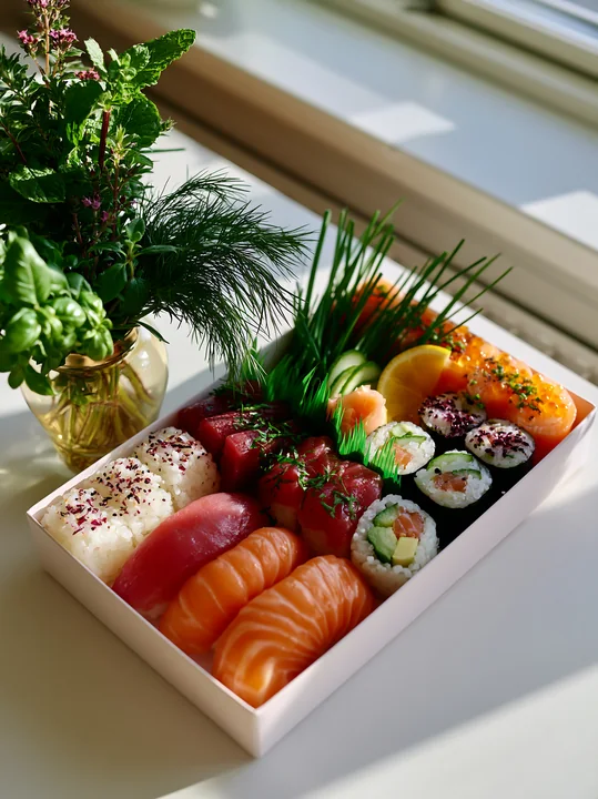 A close-up view features a sushi takeaway box filled with assorted sushi pieces.