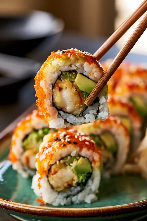A close-up view of a dragon roll held with chopsticks.