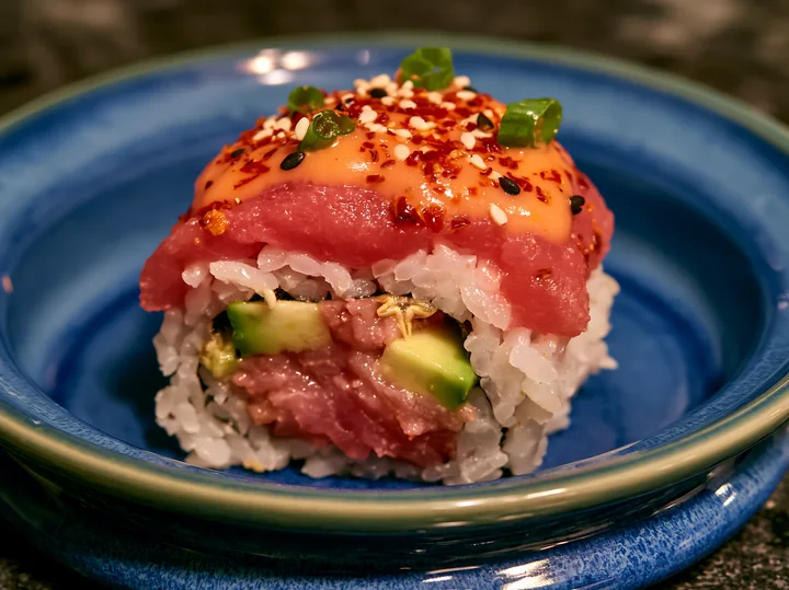A close-up view of a spicy tuna roll placed on a blue plate.