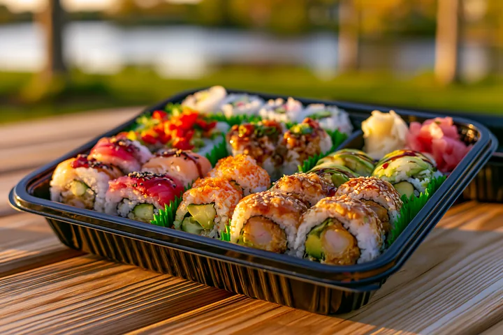 A close-up view of a sushi delivery box filled with different sushi rolls placed on a wooden table.