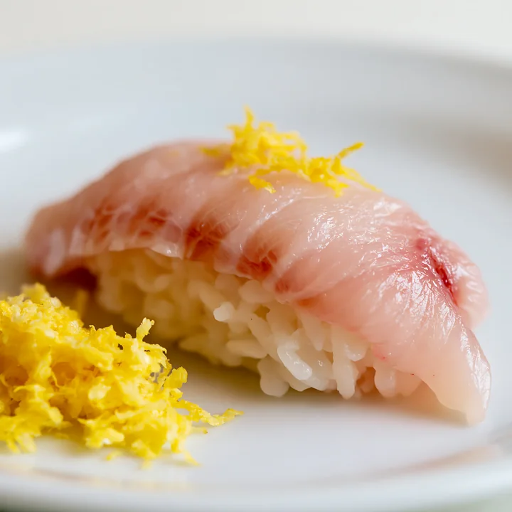 A close-up view of sushi with lemon garnish on a white plate.