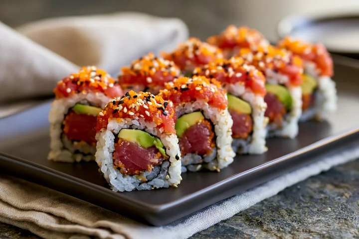 A close-up view showcases a spicy tuna roll neatly arranged on a black plate.