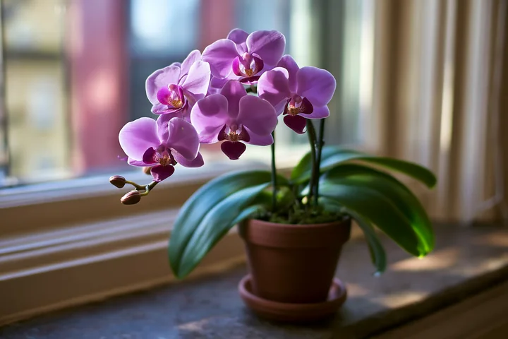 A cluster of purple orchid flowers is placed on a windowsill.