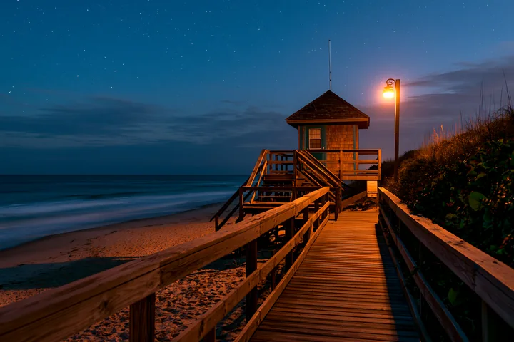 A coastal boardwalk leads to a small lighthouse under a starry night sky.