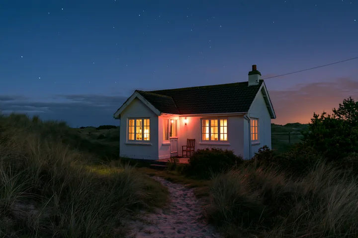 A coastal cottage under stars stands on sandy ground surrounded by grass.