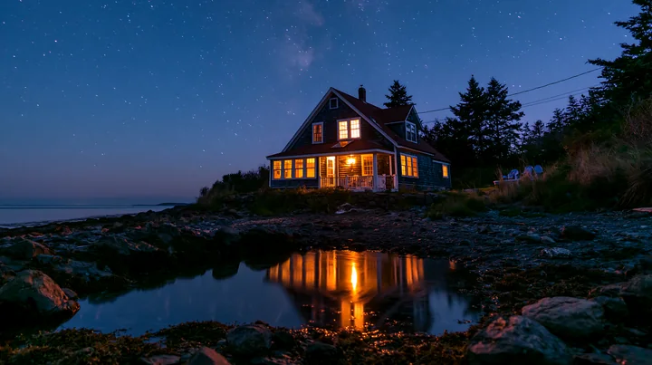 A coastal home stands by the shore, reflecting light in calm water.