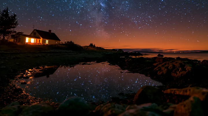 A coastal home stands near the ocean with a star-filled sky above.