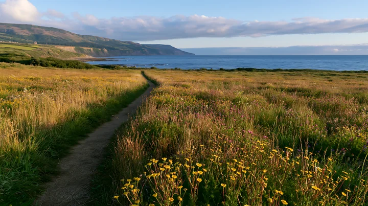A coastal meadow overlooking the ocean with a winding path and colorful wildflowers.