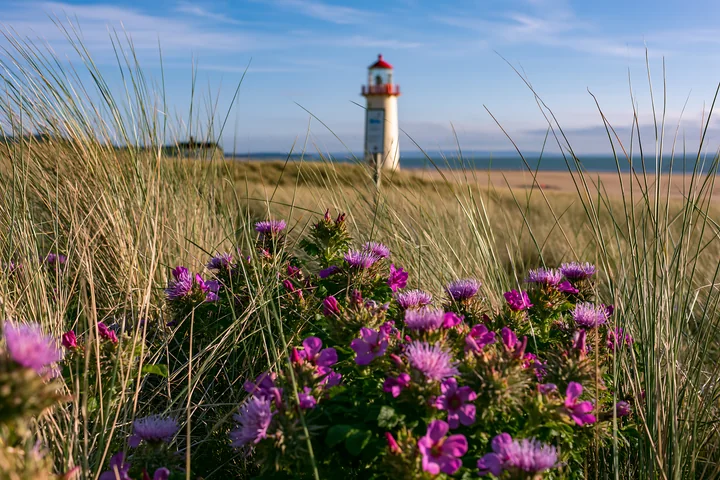 A coastline features a lighthouse in the background, with lush grasses and purple flowers in the foreground, highlighting sustainable tourism signs by the shore