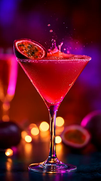 A cocktail glass filled with a vibrant drink shows a splash as fresh fruit falls into it.
