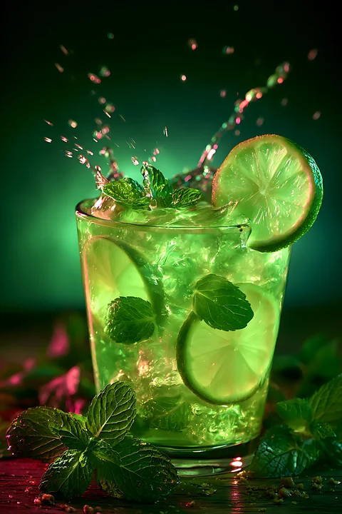 A cocktail glass is filled with ice, lime slices, and mint leaves, while green liquid splashes around.