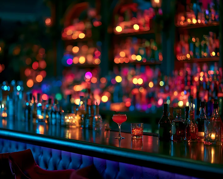 A cocktail glass sits on the bar counter amid a vibrant atmosphere filled with colorful lights and a variety of bottles on display.