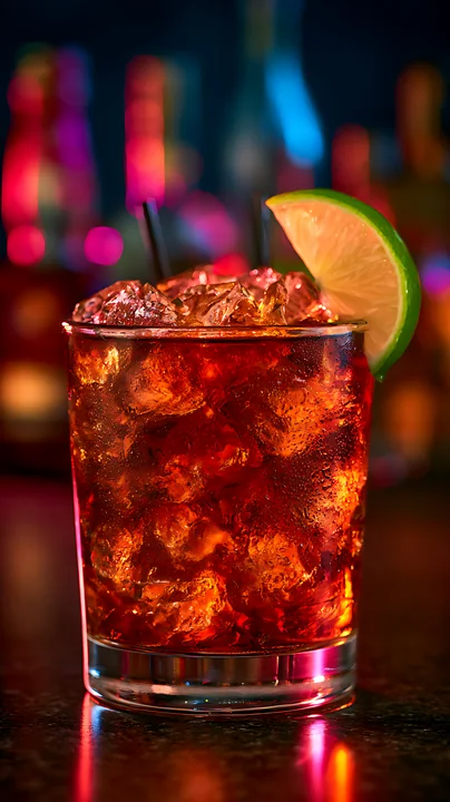 A cocktail prepared with ice served in a glass garnished with a lime slice.