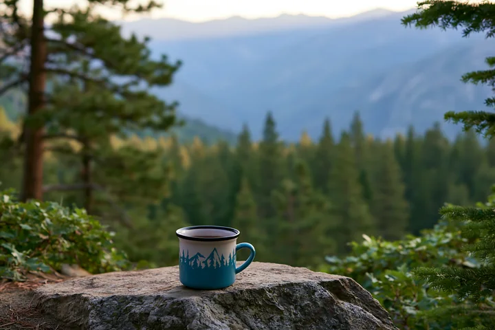 A coffee cup rests on a rock in a pine forest, with a mountain range in the distance.