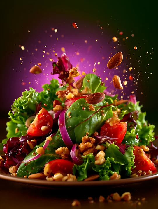 A colorful salad is tossed with fresh greens, tomatoes, nuts, and a sprinkle of toppings.