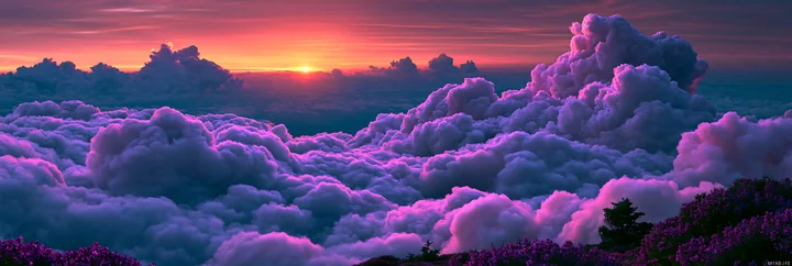 A colorful sunset lights up the sky with deep hues as purple clouds fill the horizon.