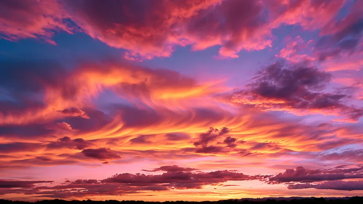 A colorful sunset sky features orange, pink, and purple clouds spread across the horizon.