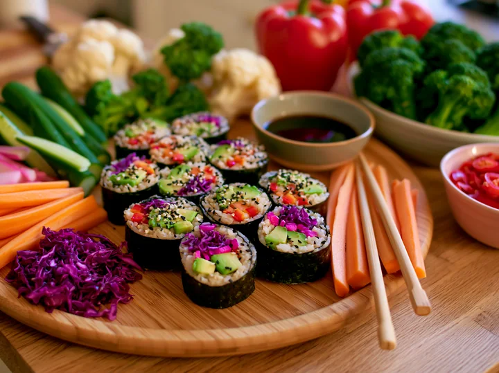 A colorful vegan sushi platter features rolls made with various vegetables, accompanied by fresh veggies, dipping sauce, and garnishes on a wooden surface.