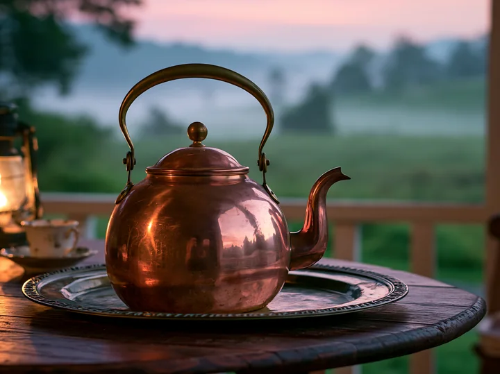 A copper kettle rests on a wooden table, with a view of misty countryside around a cottage in the background during early morning light.