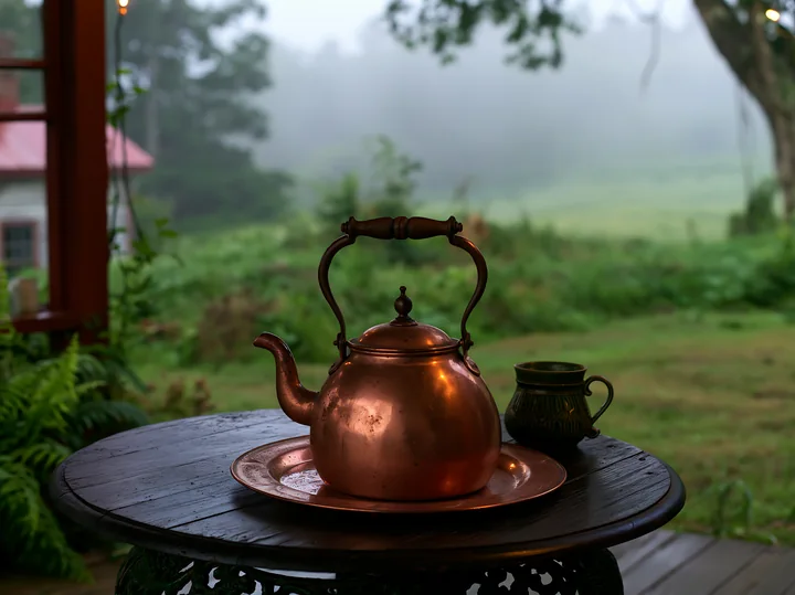 A copper kettle sits on a wooden table near a cottage in the misty countryside.