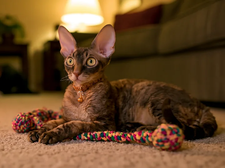 A Cornish Rex cat is playing with a colorful rope toy inside a cozy living room.