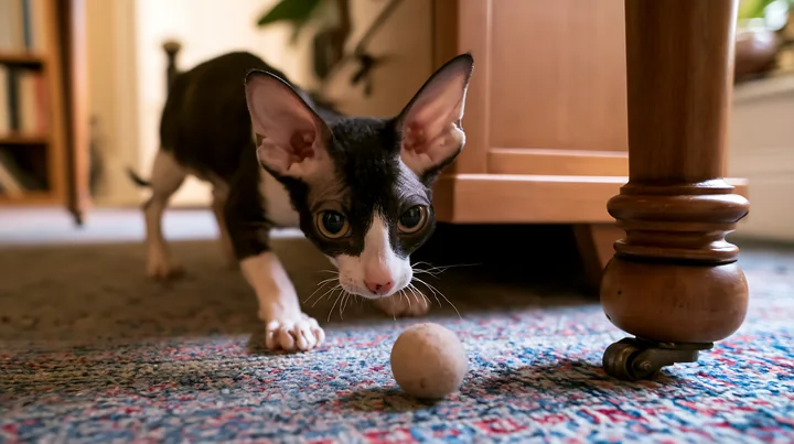 A Cornish Rex cat is playing with a small ball on a carpet in a cozy living room.
